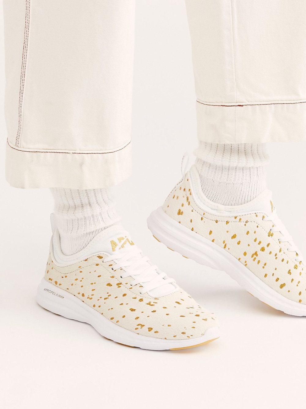 APL Techloom Phantom Pony Sneakers, white with gold, dyed calf hair, size 8